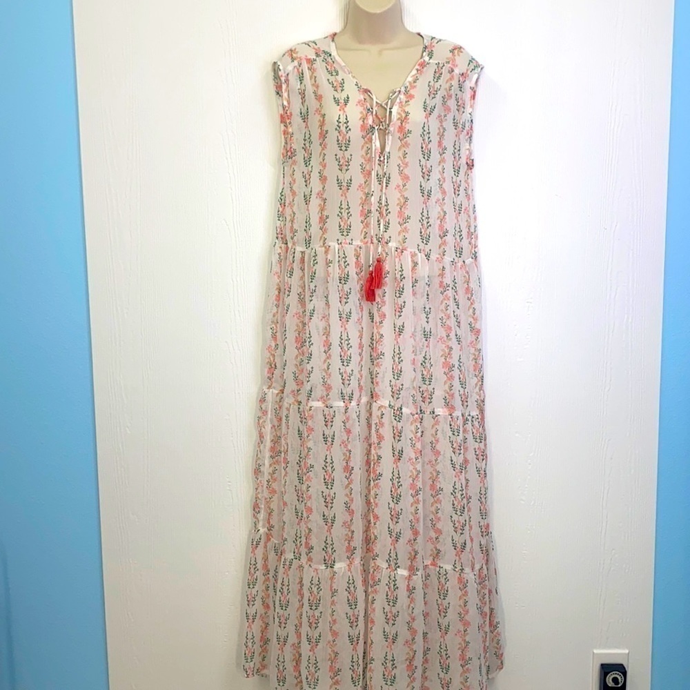 America & Beyond - Pastel Floral See Thru Maxi With Tassels Dress Size Large